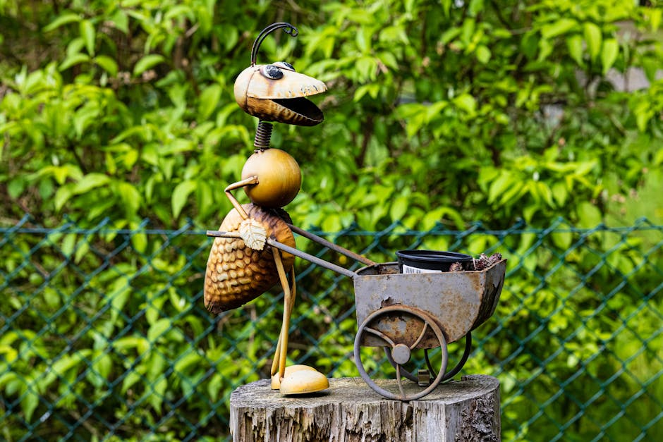 Outdoor sculpture in garden setting with contemporary art
