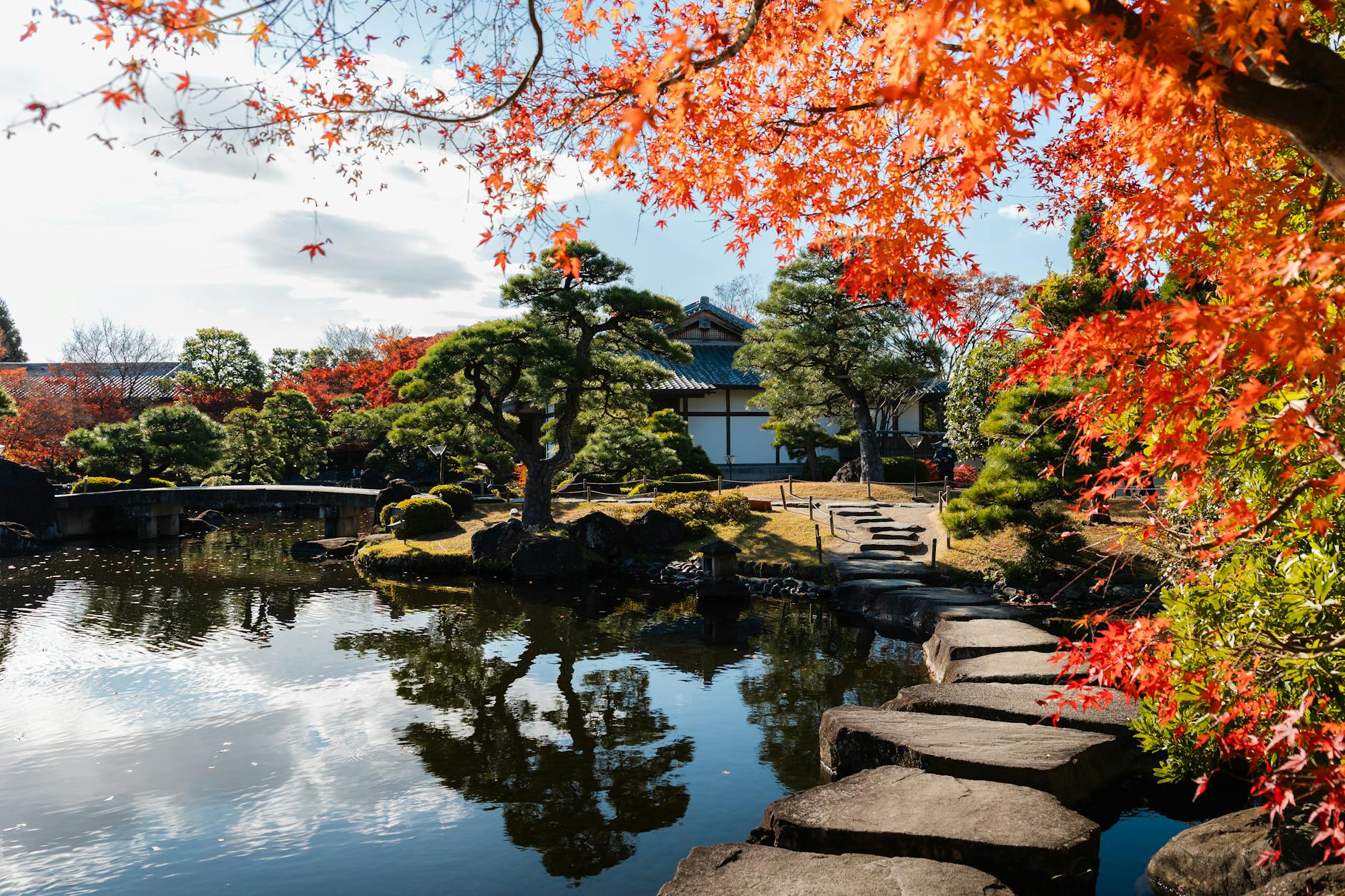 Pond and stepping stones in a traditional Japanese garden like the Himeji Garden