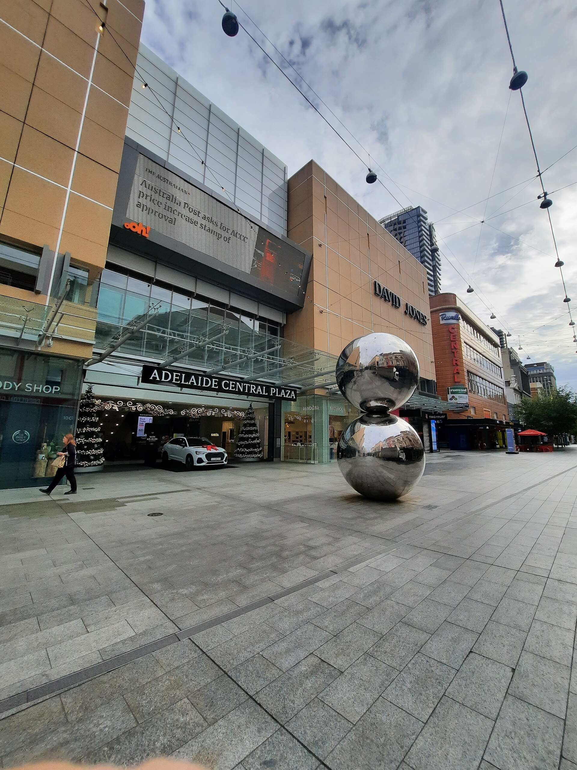 The stainless steel spheres sculpture in Rundle Mall in central Adelaide on a quiet morning