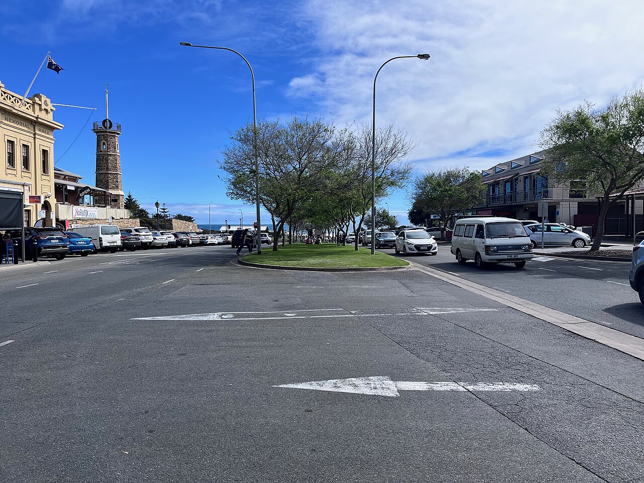 Semaphore Road running down to the foreshore with the Time Ball Tower and heritage buildings on a sunny day