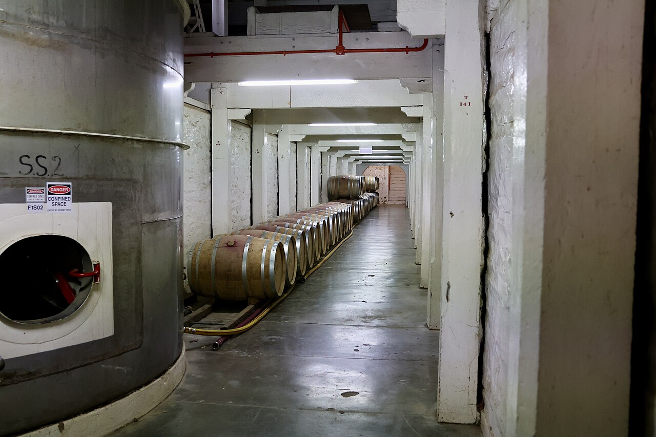A long cellar corridor lined with rows of oak barrels beneath whitewashed beams, with a large stainless steel tank in the foreground