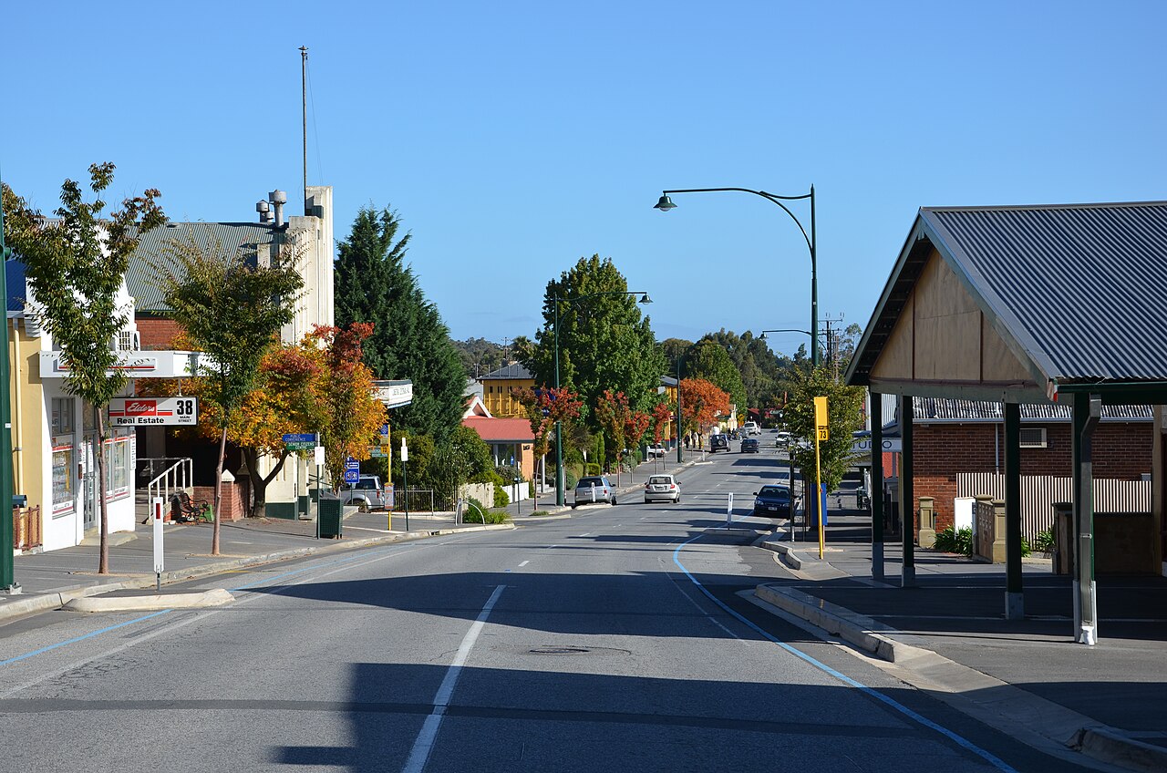Main Street in Lobethal in the Adelaide Hills, with autumn-coloured trees, shopfronts and a modern shelter beside the road