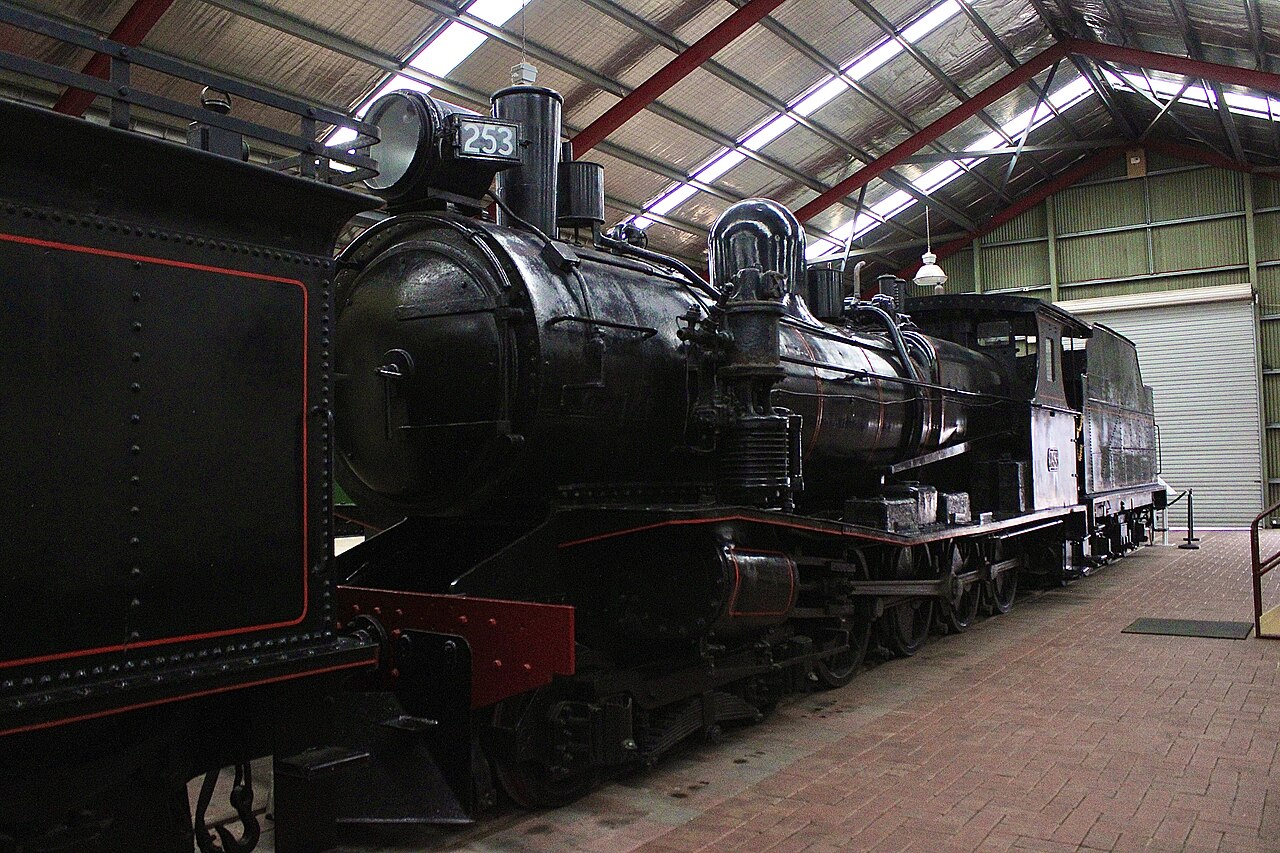 A black South Australian Railways steam locomotive numbered 253 on display inside a long shed at the National Railway Museum, Port Adelaide